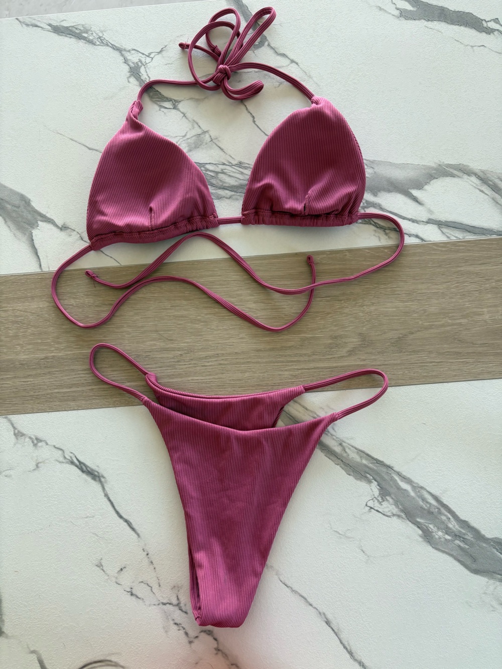 Ribbed Triangle Bikini Set in Deep Raspberry - Picture 2 of 3